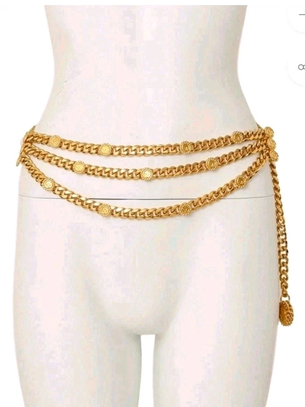 St John Vintage Gold Tone Chain Belt Triple Strand Medallion Logo Adjustable 37"